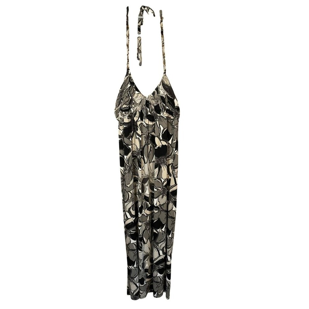 NWT Elle Women XS 12x49 Halter Neck Maxi Dress Summer Floral Abstract Black